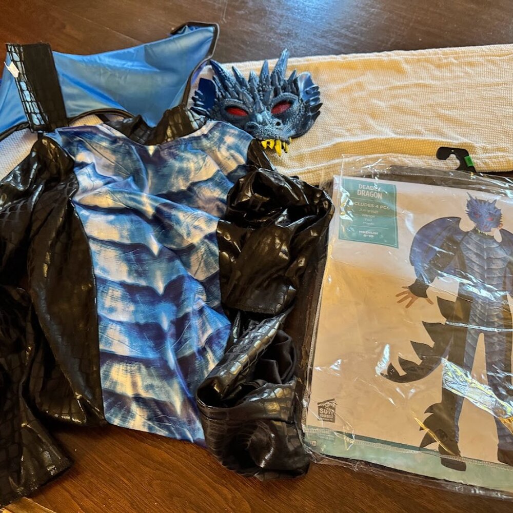 Deadly Dragon Kids Costume Black Blue scales Mask Tail Wings Halloween Boys 8-10